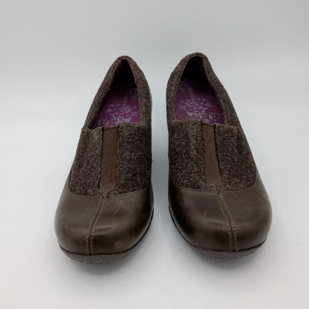 Merrell Tulip Espresso Brown Leather Wool Wedge Slip On Shoes Vibram Womens‎ 7